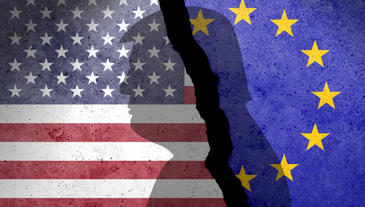 Usa,And,Eu,Flags,On,A,Concrete,Wall.,Usa,And